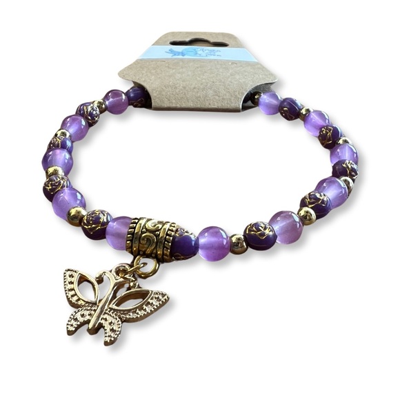 Purple glass and acrylic beads purple stretchy bracelet with gold accents - Picture 2 of 3